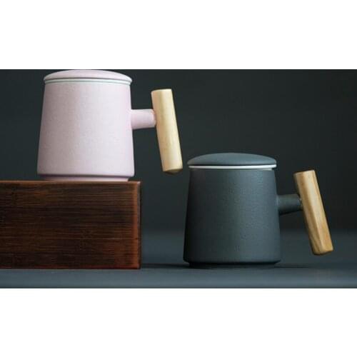 Brief Milk Mug With Lid Black White Pink Ceramic Wooden Handle Cups Household Drinkware Breakfast Coffee Milk Fruit Juice Mug