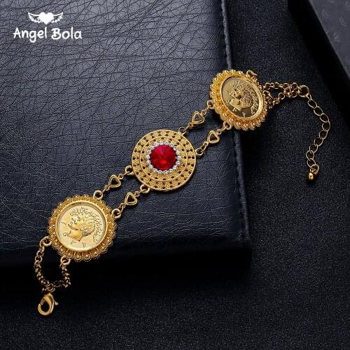 Red Crystal Gold Color Money Coin Bracelet Islamic Muslim Arab Coins Bracelet for Women Men Middle Eastern Jewelry African Gifts