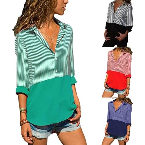 Fashion Striped Shirt Solid Color Stitching Womens Top Autumn New Personality Long-Sleeved Loose Button Office Ladies Shirt