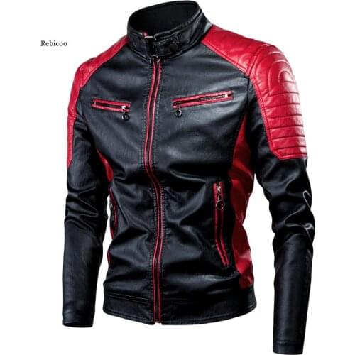 Men Spring Casual Motor Spliced Leather Jacket Coat Men Autumn Fashion Biker Vintage Warm Leather Jacket Coat Men