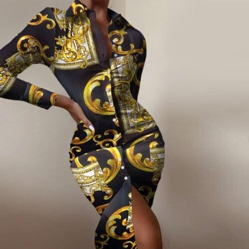 New Fashion Casual Shirt Dress Button Turn-down Collar Bodycon Slit Slim Office Lady Dress Elegant Women Long Sleeve Party Dress