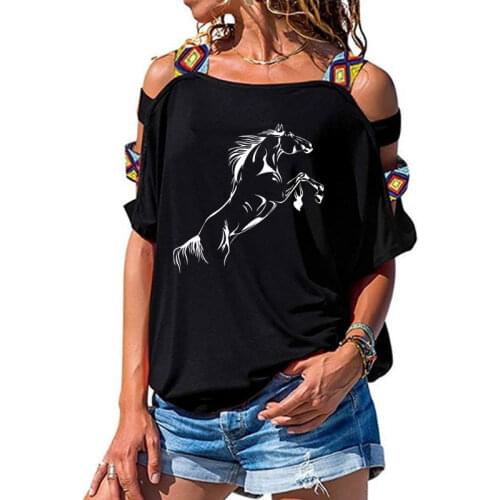 New Running Horse funny T-Shirt Women Loose Cotton Short Sleeve Female T-shirts Fashion Hollow Out Shoulder Tees