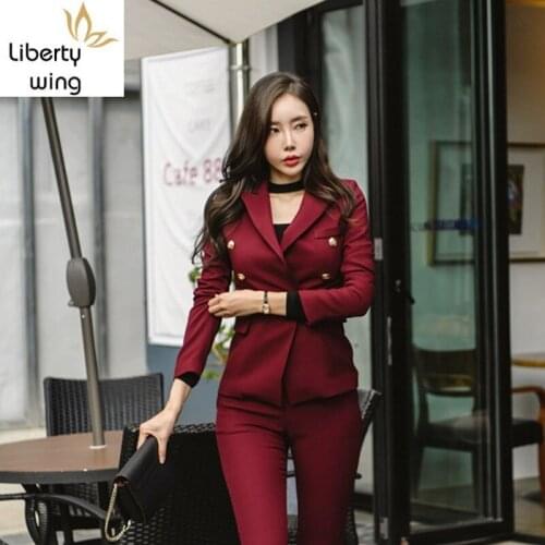 New Winter Office Lady Suits Double Breasted Two Piece Set Blazer + Pants Elegant Women Slim Fit Business Work Suit Female