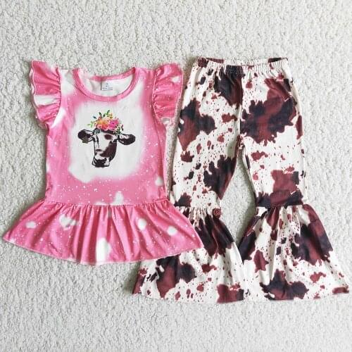 RTS Wholesale Kids Boutique Clothing Sets Fall Toddler Baby Girls Clothes Bell Bottom Pants Cow Print Fashion Girls Clothes Sets