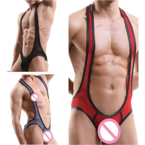 Mesh Men Undershirt Sexy Wrestling Singlet Jockstrap Suspender Bodysuit Open Buttock Leotard Breathable Bulge Pouch Underwear