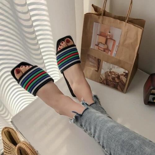 Summer Casual Outdoor Slides Striped Mesh Upper Flat Peep Toe Rubber Sole Leisure Slippers Beach Vacation Shoes Ladies Female