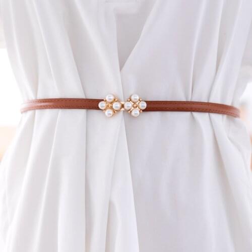 Thin adjust Belts for Women Dress Belt gold Buckle Faux Pearl Decoration Black Brown waistbands for Wedding Jeans Dropshipping