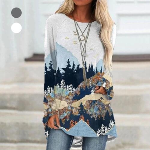 Vintage T-Shirts Women Plus Size Mountain Printed Pullover Long Sleeve Shirts Tops Camisetas blusas mujer de moda 2020 hot sale