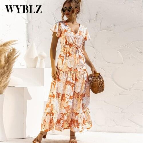 WYBLZ Retro Robe Femme 2021 New Summer Dress Fashion Floral Dress Women Sexy V-Neck Fashion Casual Holiday Style Printed Dress