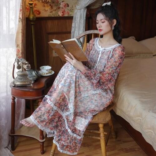 Female Long Skirt Long-sleeve Nightdress Sweet Princess Palace Women Sleepwear Lace Floral Night Wear Round Neck Sleeping Dress