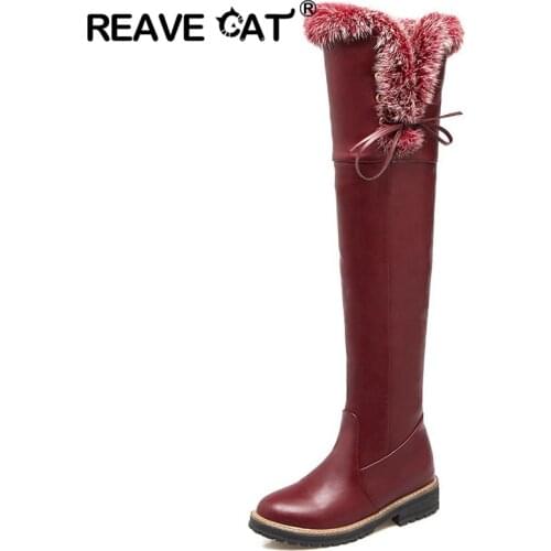 REAVE CAT Women boots Over the knee Ladies boots Round toe Fur Zipper PU Winter Warm Snow botas Footwear Female mujer boots A123