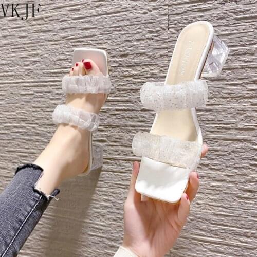 Fashion Square Toe Pleated Mesh Women Slippers Summer Open Toe Crystal Heel Slides Woman Med Heels Casual Flip Flops
