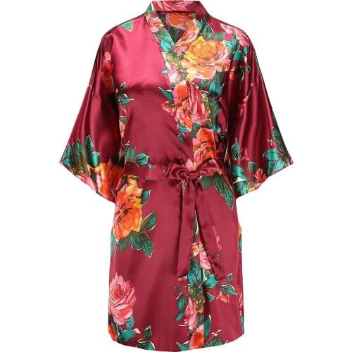 Womens Satin Robe Short Floral Bridal Bridesmaids Kimono Dressing Gowns Lounge SPA Cover Up Loose Sleepwear