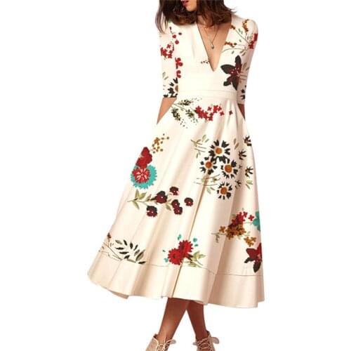 Fashion Floral Dress Elegant A-Line Office Lady Three Quarter Sleeve V-Neck Summer Mid-Calf Women Dress Sexy Club Midi Dress