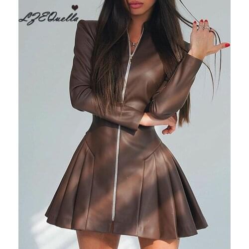 LZEQuella Women PU Leather Shirt Pleated Dress Long Sleeve Zipper Slim Mini Autumn Party Dresses Night Club Fashion Streetwear