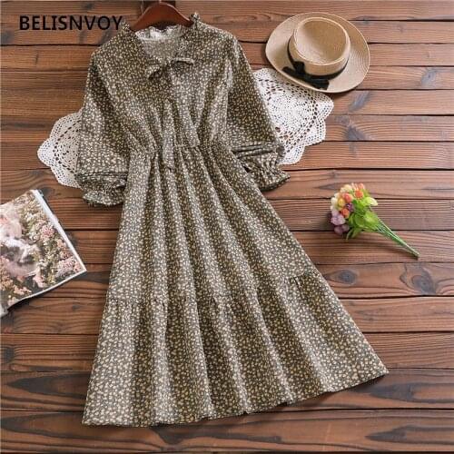 New Autumn Winter Women Corduroy Dress Long Sleeve Ruffles V-neck Bowknot Dress Floral Printed Retro Elegant Vestidos De Verano