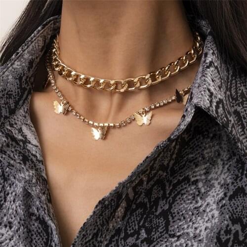 Boho Fashion Gold Silver Color Punk Crystal Chain Butterfly Pendant Thick Necklace For Women Vintage Multilevel Choker Jewelry
