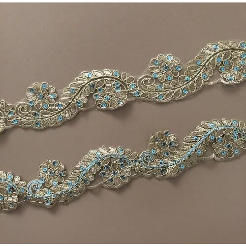 2yard Gold Line Thread Blue Sequin Lace Flower Applique Trims Handmade DIY Material Wedding Clothing Applique Triming wide 5.5cm