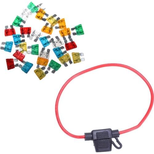 30Pcs Standard Auto Blade Fuse 5 10 15 20 25 30 AMP Mixed & 1pcs 14AWG Wire In-Line Car Automotive Blade Fuse Holder 20A
