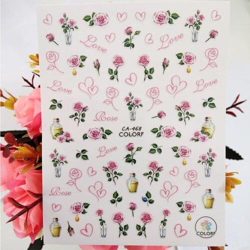 Love Heart 3D Nail Sticker Pink Line Rose Flowers Stickers for Nails Decoraciones Designer Foil Decals Manicure Accessories