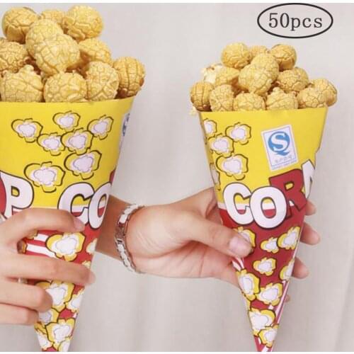 50pcs Cone Shape Popcorn Bags Paper Popcorn Paper Bag With Tapered Tips Paper Treat Bags For Pop Corn Candy Snacks Wedding Party