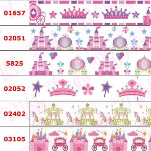 16mm-75mm Cartoon Crown Princess Dress Printed Grosgrain/Elastic Ribbon Colorful Star Flower DIY Hair Bowknots 50yards/roll
