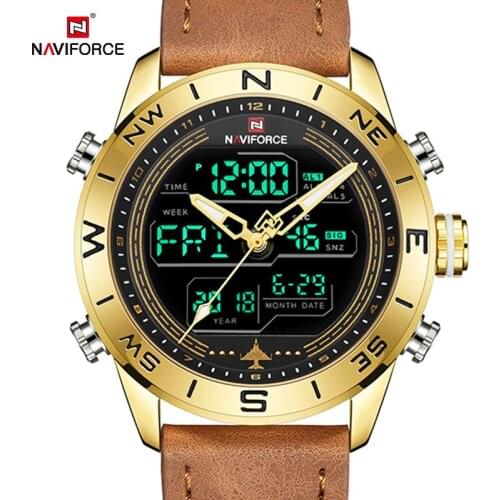 Luxury Brand NAVIFORCE Mens Watches Military Sport Genuine Leather Quartz Wristwatch Digital Analog Gold Clock Waterproof Watch