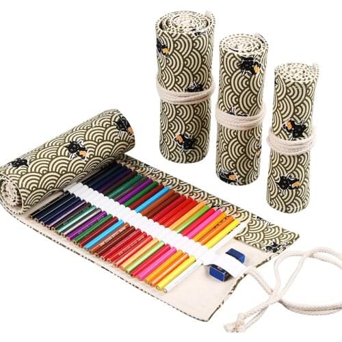 Kawai Roll School Pencil Case Canvas 36/48/72 Holes Penal Pencilcase for Girls Boys Big Pen Bag Stationery Penicl Pouch Supplies