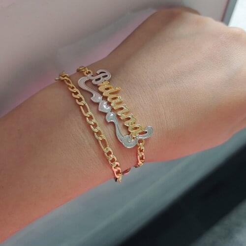 DODOAI Custom Name Bracelet Double Color Gold&Silver 3mm Cuban Chain Adjustable Stretch Letter Bracelets Summer Jewelry