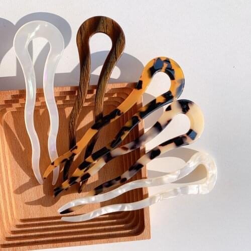 HUANZHI 2021 New Tortoiseshell Leopard Acetate Geometric U-shaped Hairsticks Headdress for Women Girls Hair Accessories