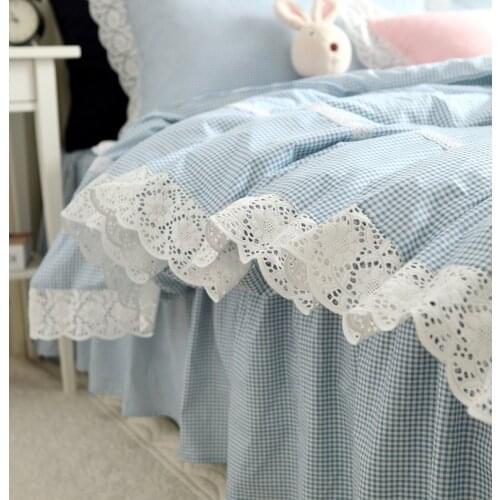 Europe Style Classic Bule Plaid Bedding Set Embroidered Ruffle Duvet Cover Elegant Bedspread Wrinkle Queen Size Pillowcase Hm14B