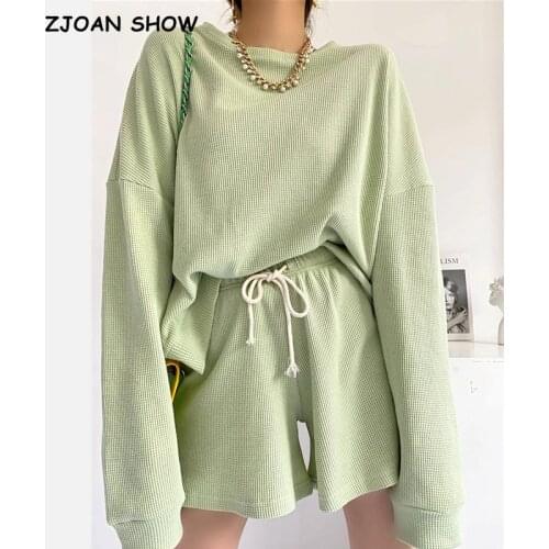 2 piece Set Loose O neck Long sleeve Sweatshirt Drawstring Waist Cargo Sports Shorts Sport Trousers Women Joggers Pants Set