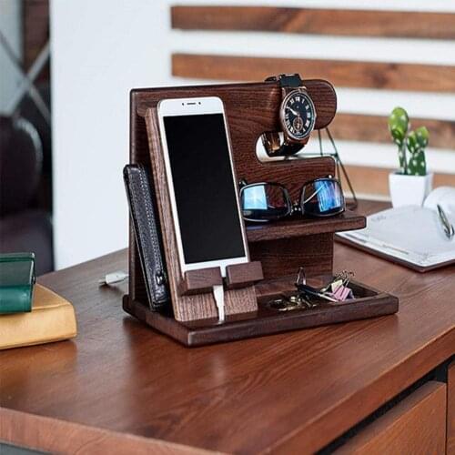 Multifunction Natural Wooden Mobile Phone Holder Watch Glasses Key Jewelry Accessories Desktop Wallet Charging Storage Rack