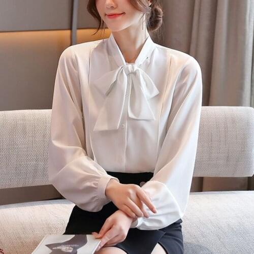 Fashion Bow Chiffon Shirt Womens Fall Simple Solid Color Long Sleeve Tops Casual Puff Sleeve Korean Clothing Blusas Blouse 1004