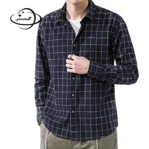 Mens Shirts Spring Autumn Male Clothing Long Sleeve Open Stitch Turn-down Collar Plaid Loose Pure Cotton Casual Man Clothes H60