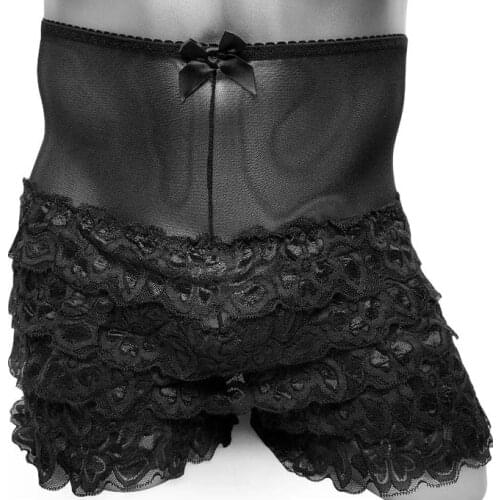 Sissy Underwear Men Boxer Shorts Mesh See through Gay Sexy Panties Fetish Exotic Lace Frilly Layer Lingerie Underpants