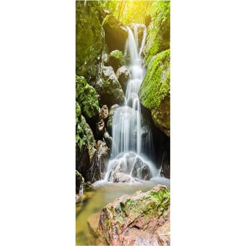 Mountain forest waterfall 3d door mural stickers vinyl wall decals home decoration natural scenery poster wallpaper 77*200cm