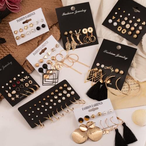 2021 New Fashion Pearl Hoop Earrings Set For Women Statement Gold Metal Circle Crystal Stud Earrings Trend Female Jewelry Gift