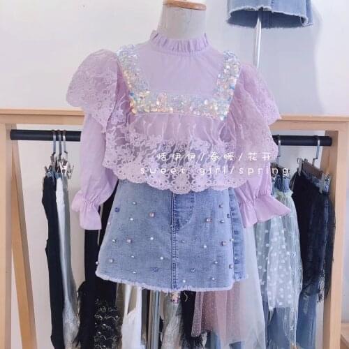 2020 spring new girls' Beaded mesh top lace top shirt bottom