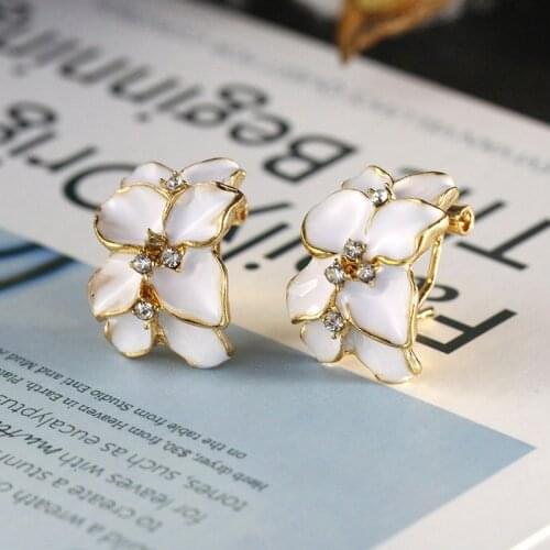 New Elegant Jewelry Double Gardenia Flower Rhinestone Earring Stud Women Earrings With Buckle Fashion Vintage Jewelry Gift