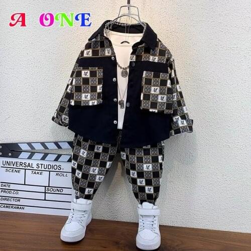 Autumn Spring boys clothes kids clothing baby outfits jackets + pants 2 pcs set fashion plaid noctilucous letter 2T to 12 Yrs