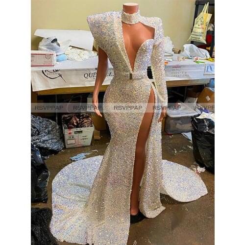 Prom Dresses 2020 Sexy High Slit Single Long Sleeve Sparkly Sequined African Women Black Girls Prom Party Gowns