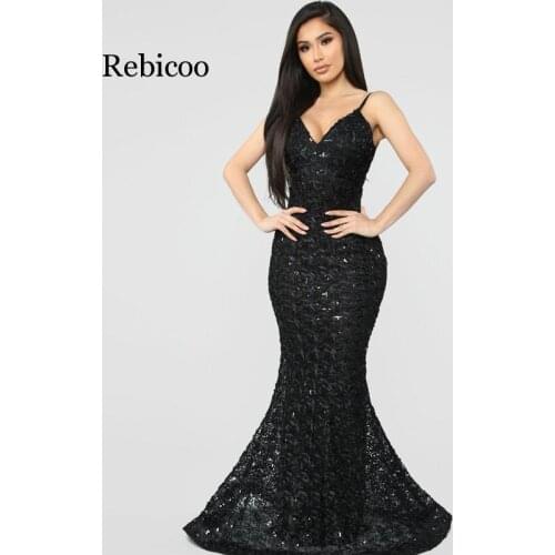 Rebicoo Luxury Lace Mermaid Long Formal Dress Evening Evening Gown Women V-Neck Sleeveless banquet Reflective Party Dress
