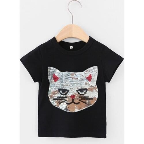 Family Matching Outfits Girls Magic Glitter Reverse Cat Sequin Top Color Changing Kids T shirts Summer Kids Sequined T shirt