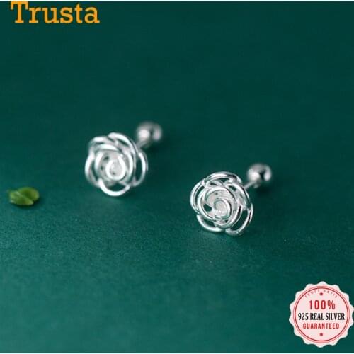 TrustDavis Real 925 Sterling Silver Romantic Rose Flower Screw Earring For Women Wedding Anniversary Fine Jewelry Gift DA2180
