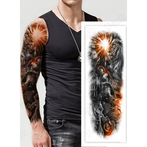 Temporary full-arm tattoo sticker Ancient rome warrior lion flower animal arm Waterproof fake tattoo 480*170mm for Men Women