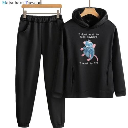 I Dont Want To Cook Anymore I Dont Want To Die Cute Mouse Set Tracksuit Women+Pant Suits Hoodie Pullover with Pockets Suit Sets