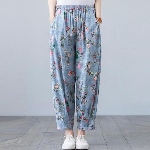 Women Summer Cotton Linen Ankle-length Casual Pants New Arrival 2021 Vintage Style Floral Print Loose Female Harem Pants B330