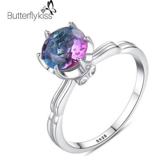 BK 2021 Trendy Mystic Topaz Women’s Rings Round Real 925 Sterling Silver Rainbow Gemstone Wedding Engagement Female Jewelry