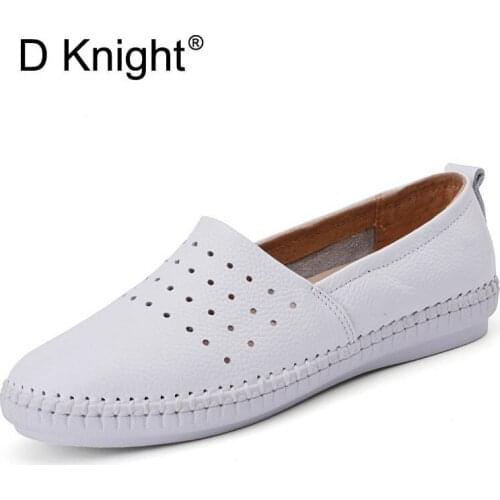 Ladies Genuine Leather Casual Flat Shoes Woman Spring Summer Loafers Slip On Flats Breathable Hole Pregnant Women White Shoes